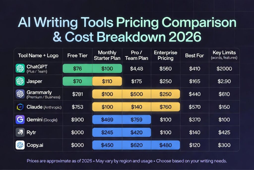 ai writing tools pricing comparison