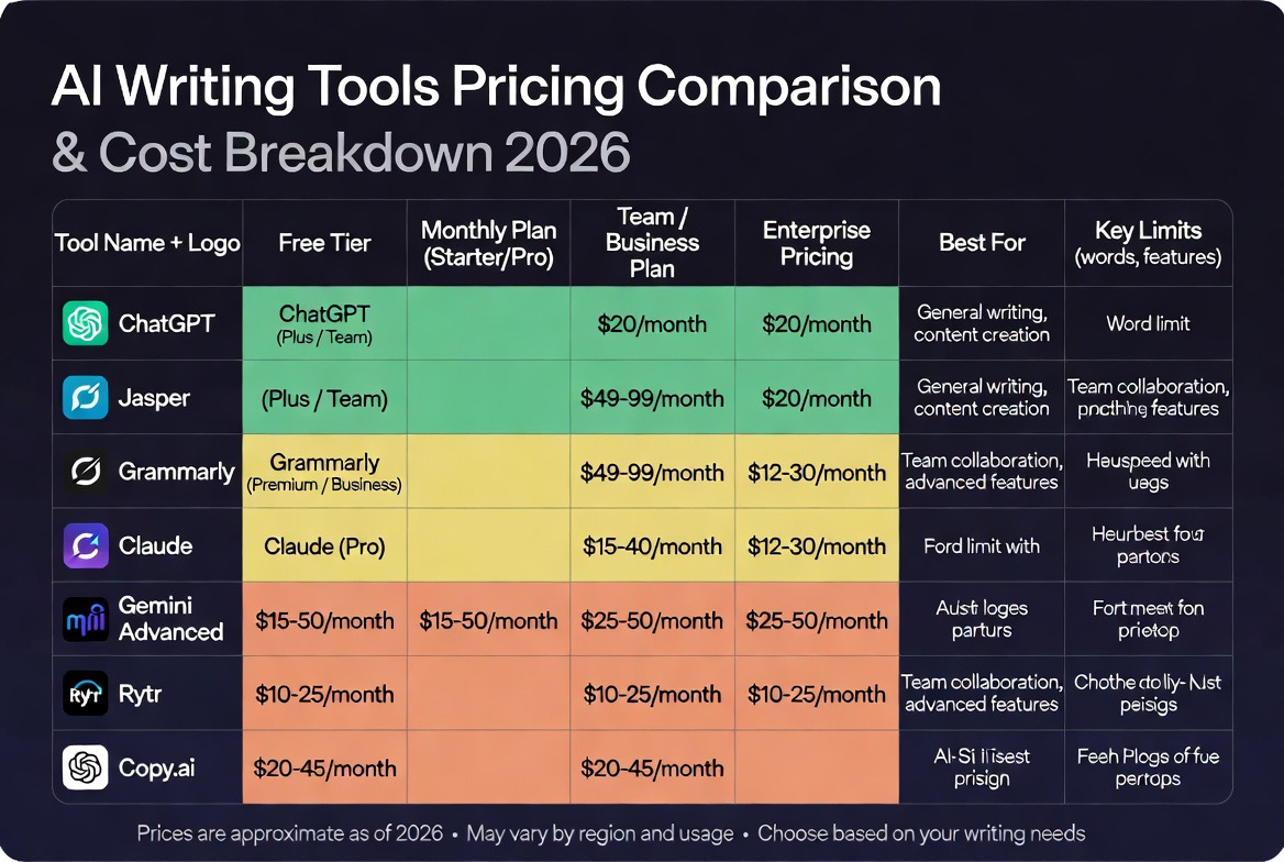 ai writing tools pricing comparison 2026 cost breakdown