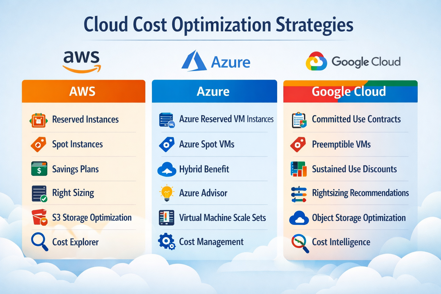 Cloud cost optimization strategies for AWS Azure and Google Cloud